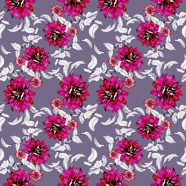 水彩手美しい花と葉の紫色の背景に描かれたシームレス パターン — ストック写真