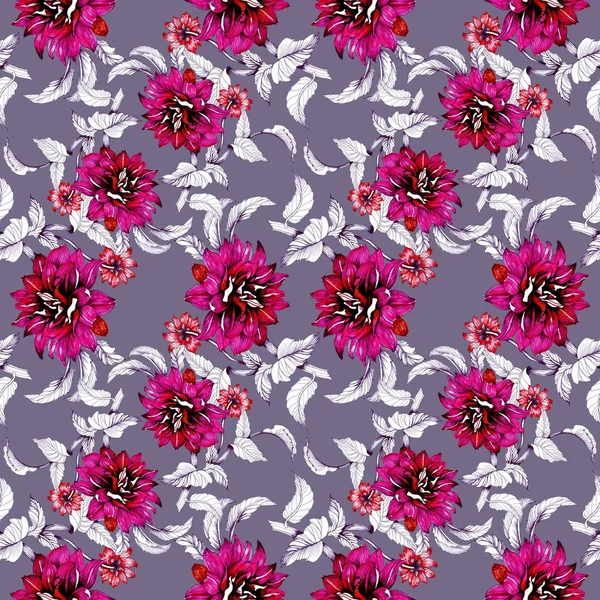 Watercolor hand drawn seamless pattern with beautiful flowers and leaves on purple background