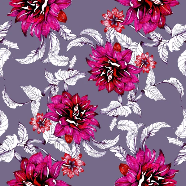 Watercolor Hand Drawn Seamless Pattern Beautiful Flowers Leaves Purple Background — Stock Photo, Image