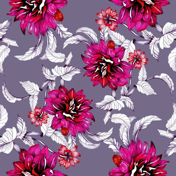 Watercolor hand drawn seamless pattern with beautiful flowers and leaves on purple background