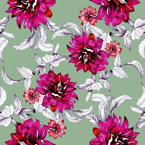Watercolor hand drawn seamless pattern with beautiful flowers and leaves on green background