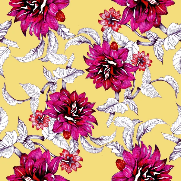 Watercolor hand drawn seamless pattern with beautiful flowers and leaves on yellow background