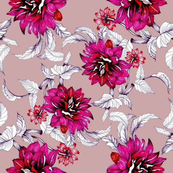 Watercolor hand drawn seamless pattern with beautiful flowers and leaves on pink  background