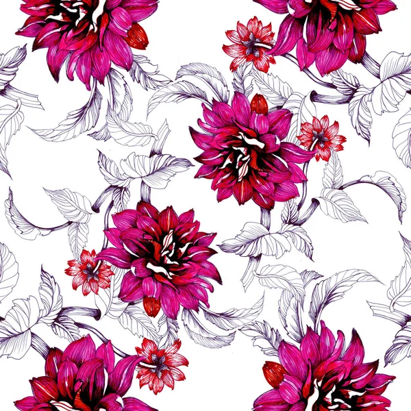 Watercolor hand drawn seamless pattern with beautiful flowers and leaves on white background