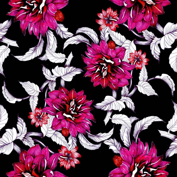 Watercolor hand drawn seamless pattern with beautiful flowers and leaves on black background