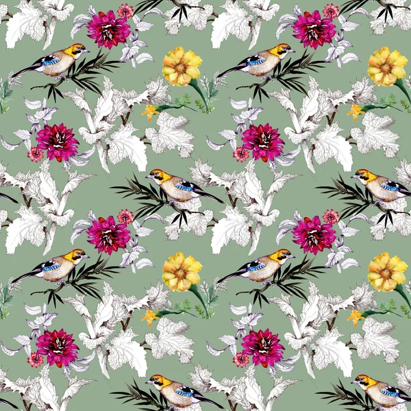 Watercolor Hand Drawn Seamless Pattern Beautiful Flowers Colorful Birds Green — Stock Photo, Image