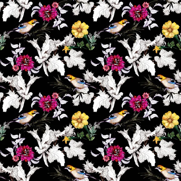 Watercolor Hand Drawn Seamless Pattern Beautiful Flowers Colorful Birds Black — Stock Photo, Image