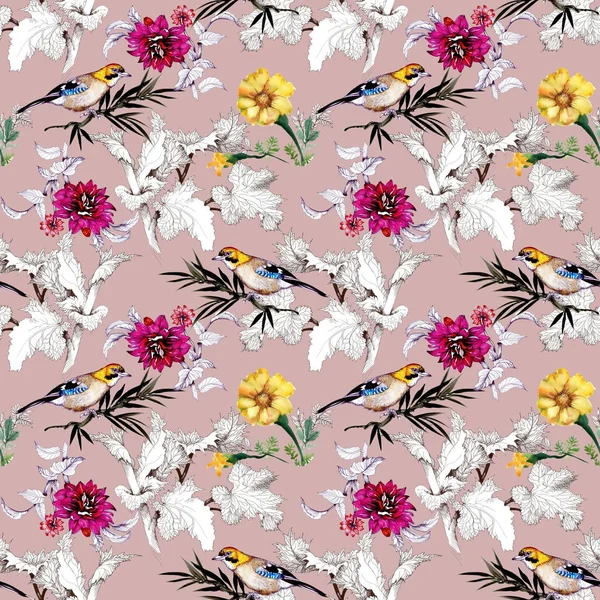 Watercolor Hand Drawn Seamless Pattern Beautiful Flowers Colorful Birds Pink — Stock Photo, Image