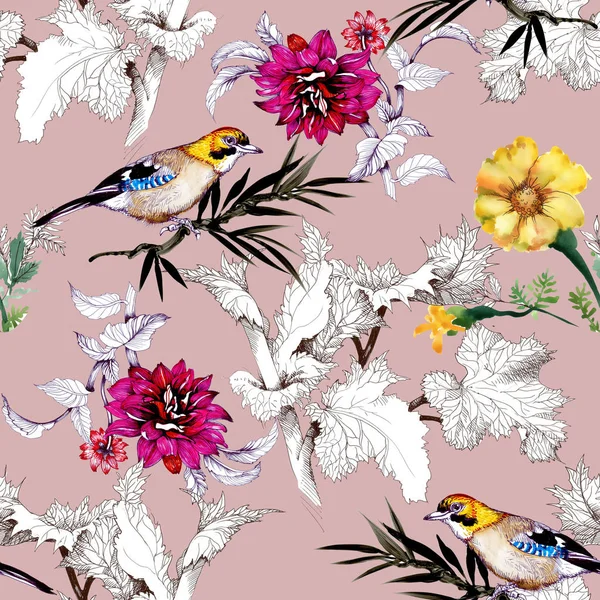 Watercolor Hand Drawn Seamless Pattern Beautiful Flowers Colorful Birds Pink — Stock Photo, Image