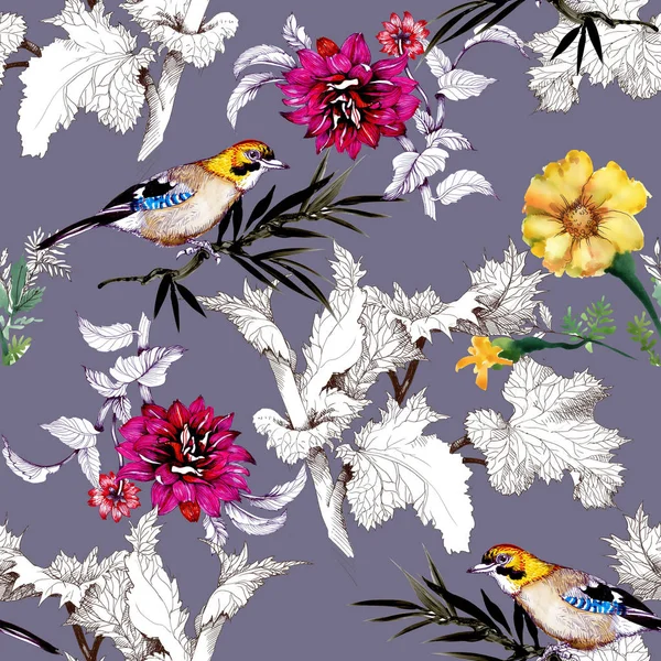 Akvarelu Ruku Tažené Bezešvé Vzor Krásné Květy Barevné Ptáky Modrém — Stock fotografie