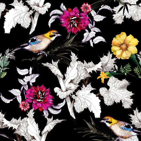 水彩手绘制无缝模式与美丽的花朵和颜色鲜艳的鸟 在黑色的背景上 — 图库照片