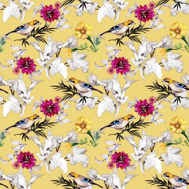 Suluboya el çekilmiş seamless modeli ile güzel renkli çiçekler 