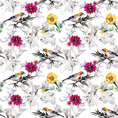 Suluboya el çekilmiş seamless modeli ile güzel renkli çiçekler 