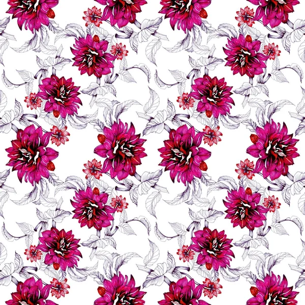 Akvarel Ručně Tažené Bezešvé Vzor Krásnými Barevnými Květinami — Stock fotografie