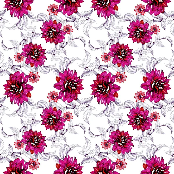 Watercolor hand drawn seamless pattern with beautiful colorful flowers 