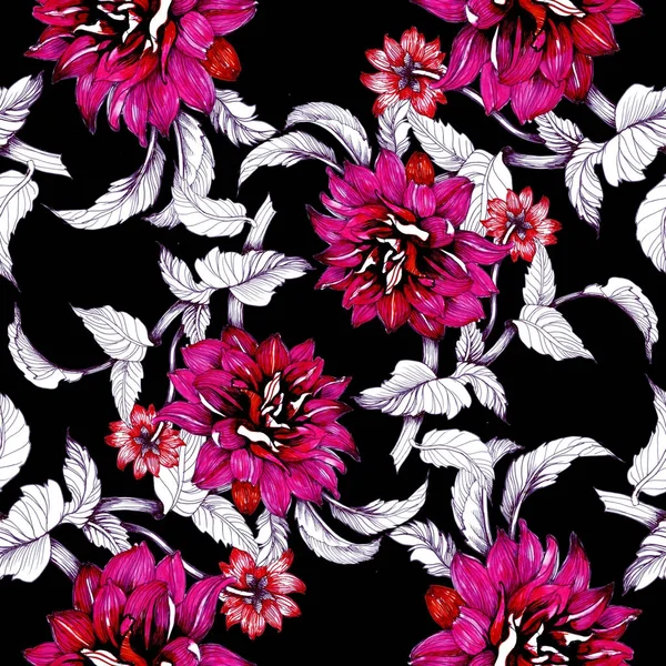 Aquarel Hand Getekende Naadloze Patroon Met Prachtige Kleurrijke Bloemen — Stockfoto