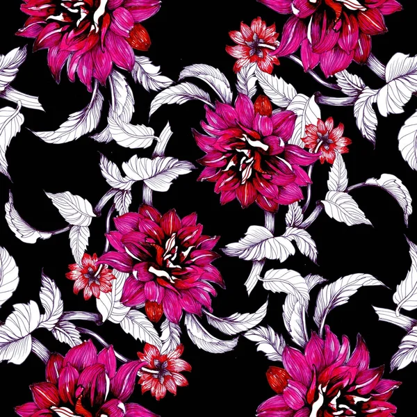 Watercolor hand drawn seamless pattern with beautiful colorful flowers 