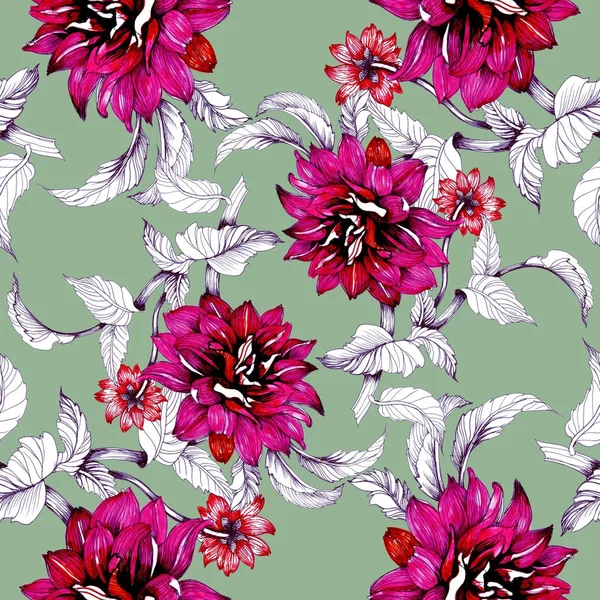 Watercolor hand drawn seamless pattern with beautiful colorful flowers 