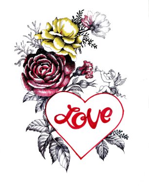 Sevgililer günü tebrik kartı ile kalp ve renk güller