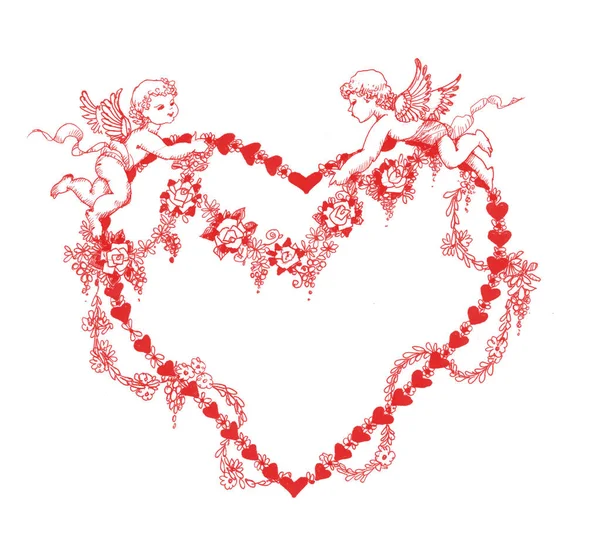 Biglietto Auguri San Valentino Con Cuore Floreale Rosso Angeli — Foto Stock