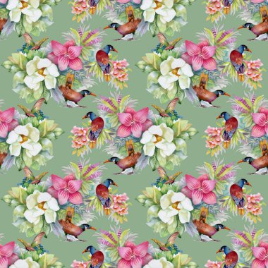 Suluboya el çekilmiş seamless modeli güzel renkli çiçekler ve kuşlar