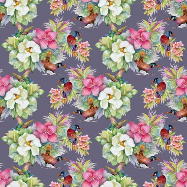 Suluboya el çekilmiş seamless modeli güzel renkli çiçekler ve kuşlar