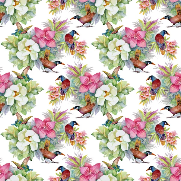 Watercolor Hand Drawn Seamless Pattern Beautiful Colorful Flowers Birds — Stock Photo, Image