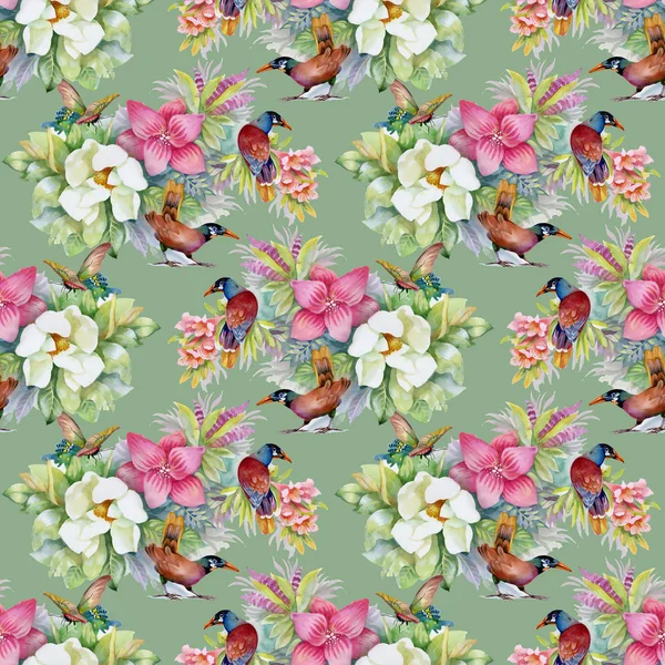 Watercolor Hand Drawn Seamless Pattern Beautiful Colorful Flowers Birds — Stock Photo, Image