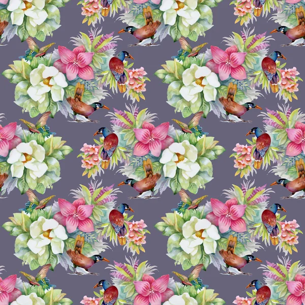 Watercolor Hand Drawn Seamless Pattern Beautiful Colorful Flowers Birds — Stock Photo, Image