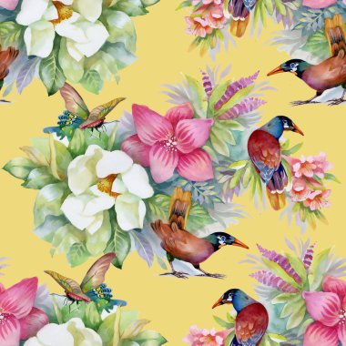 Suluboya el çekilmiş seamless modeli güzel renkli çiçekler ve kuşlar