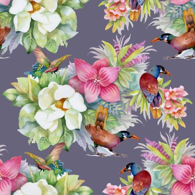 Suluboya el çekilmiş seamless modeli güzel renkli çiçekler ve kuşlar