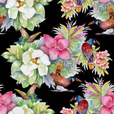 Suluboya el çekilmiş seamless modeli güzel renkli çiçekler ve kuşlar