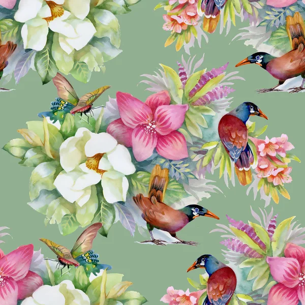 Watercolor Hand Drawn Seamless Pattern Beautiful Colorful Flowers Birds — Stock Photo, Image