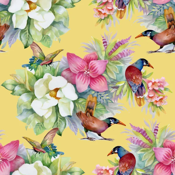 Akvarell Hand Dragna Sömlösa Mönster Med Vackra Färgglada Blommor Och — Stockfoto