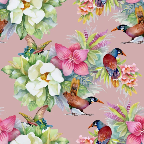 Suluboya Çekilmiş Seamless Modeli Güzel Renkli Çiçekler Kuşlar — Stok fotoğraf