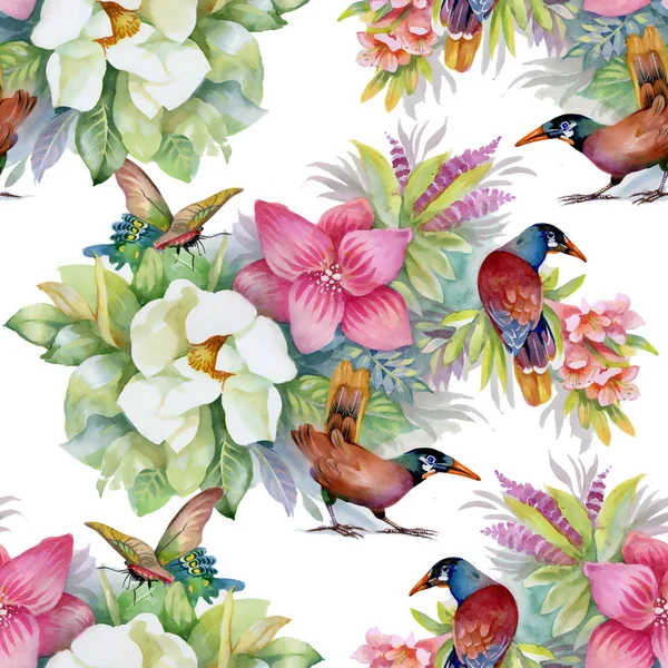 Akvarelu Ruku Tažené Bezešvé Vzor Krásné Barevné Květy Ptáci — Stock fotografie