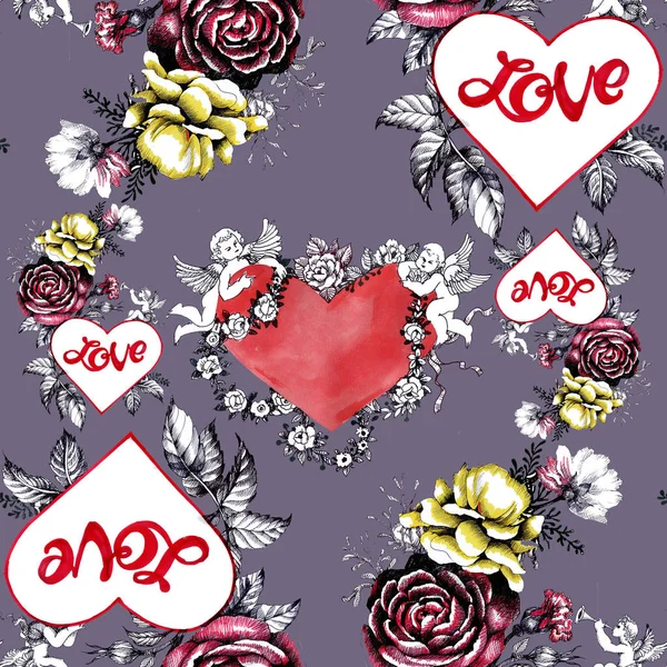 水彩手美しい花 心とキューピッド バレンタイン当日の背景で描かれたシームレス パターン — ストック写真