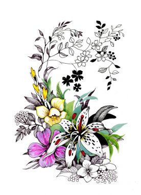 Beyaz arka plan üzerinde izole elle çizilmiş çiçekler