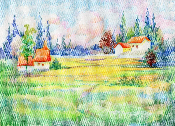 Watercolor pemandangan pedesaan musim panas — Stok Foto