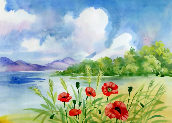 Akvarelu Červené Tulipány Břehu Horské Řeky — Stock fotografie