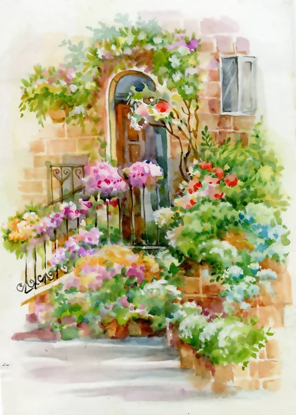 Akvarel Venkovský Dům Zelené Letní Den — Stock fotografie