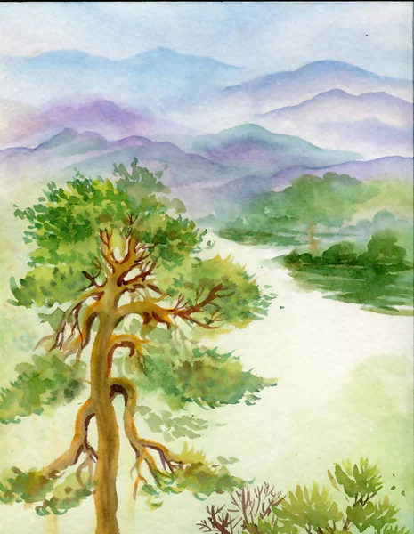 Watercolor Mountains Trees — Stock Photo, Image