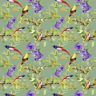  mor çiçekler kuşlarda ile Seamless Modeli 