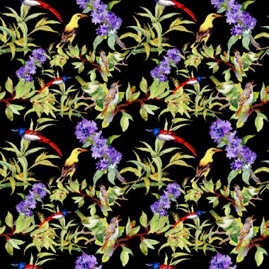  mor çiçekler kuşlarda ile Seamless Modeli 