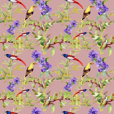  mor çiçekler kuşlarda ile Seamless Modeli 