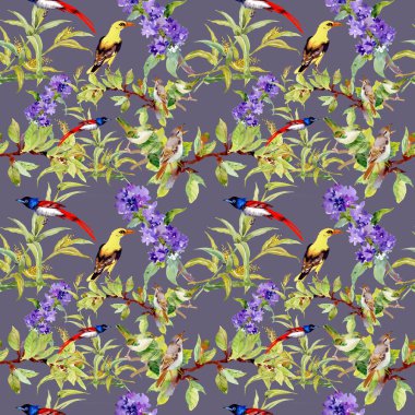  mor çiçekler kuşlarda ile Seamless Modeli 