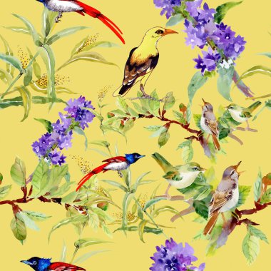  mor çiçekler kuşlarda ile Seamless Modeli 