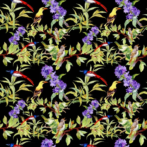 Patrón Sin Costuras Con Pájaros Flores Violetas —  Fotos de Stock