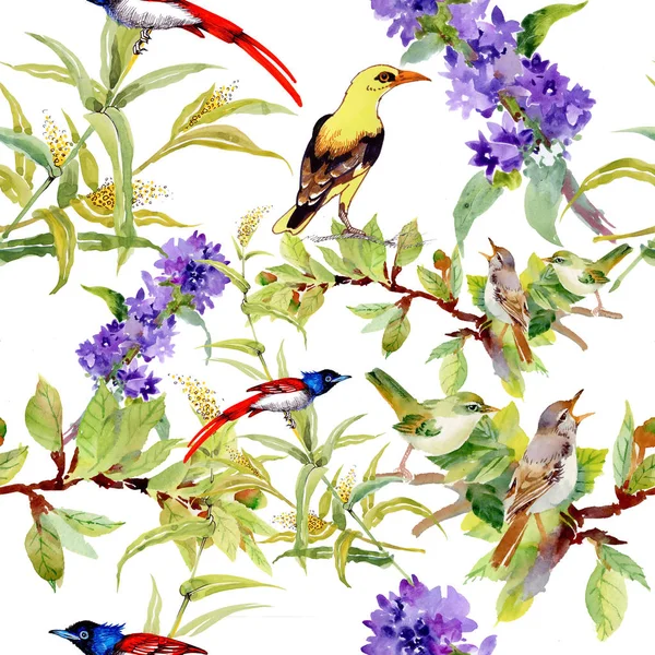 seamless pattern with birds on violet flowers