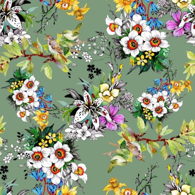  güzel renkli çiçekler ve kuşlar ile Seamless Modeli